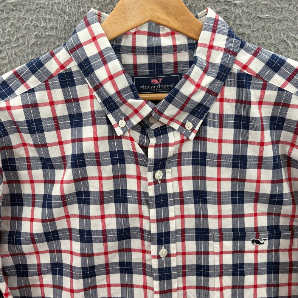 Vineyard Vines Button Down Shirt Mens XL White Plaid Classic Fit Tucker Stretch